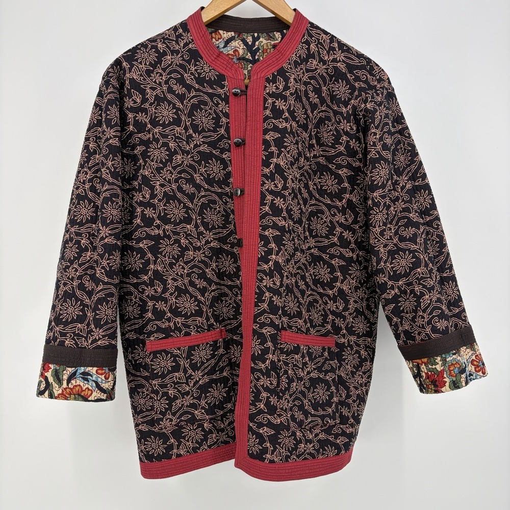 Reversible Quilted Jacket XL Floral Botanical Boho Chore Coat Asian Art to Wear - Picture 16 of 16